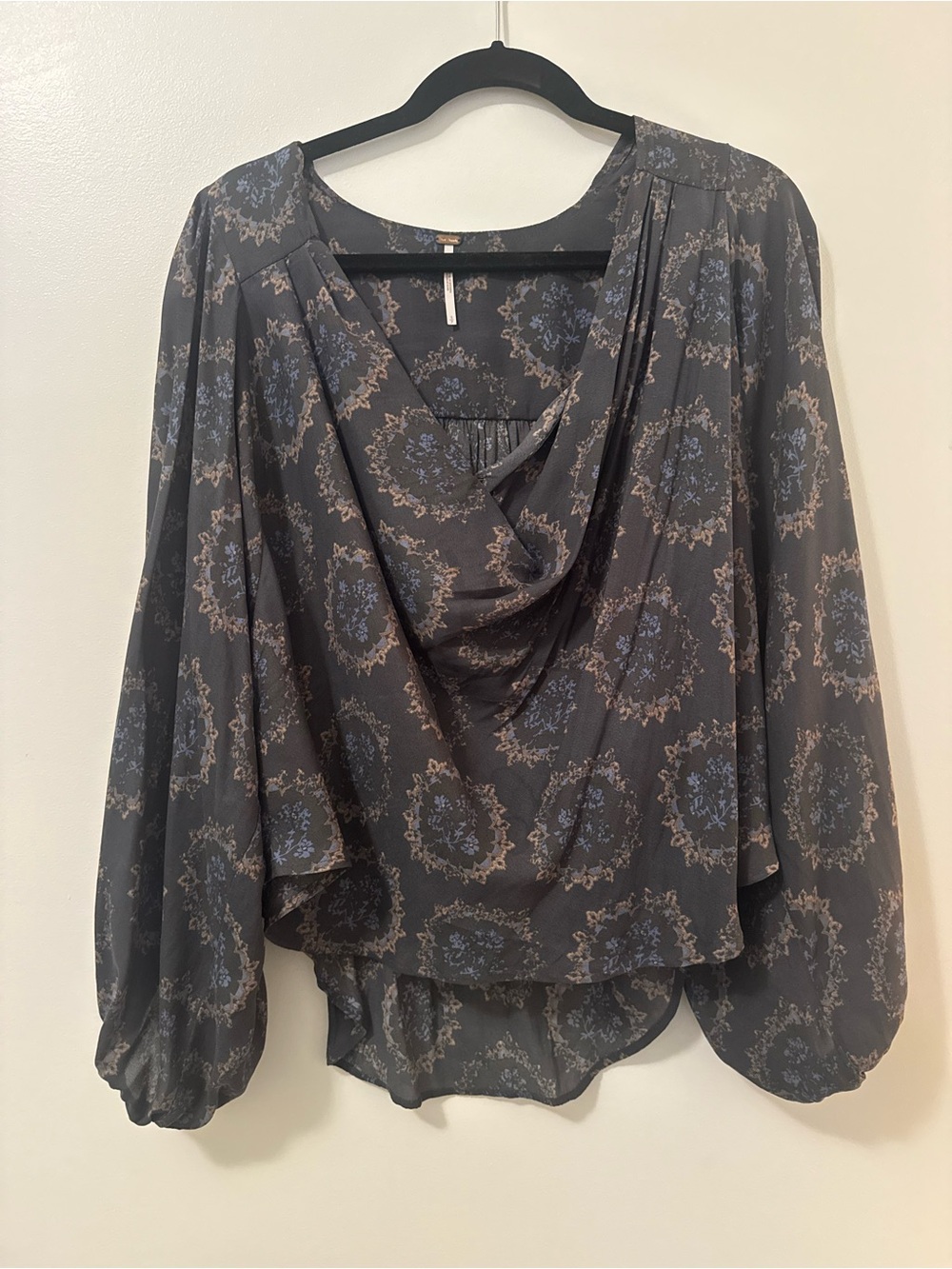Free People Draped V-Neck Long Sleeve Blouse - Gray Floral